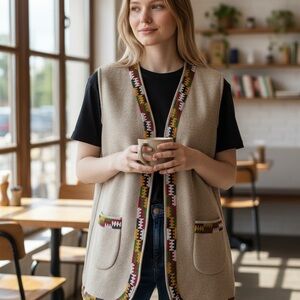Pure wool Stylish Beige Vest with Colorful Trim
